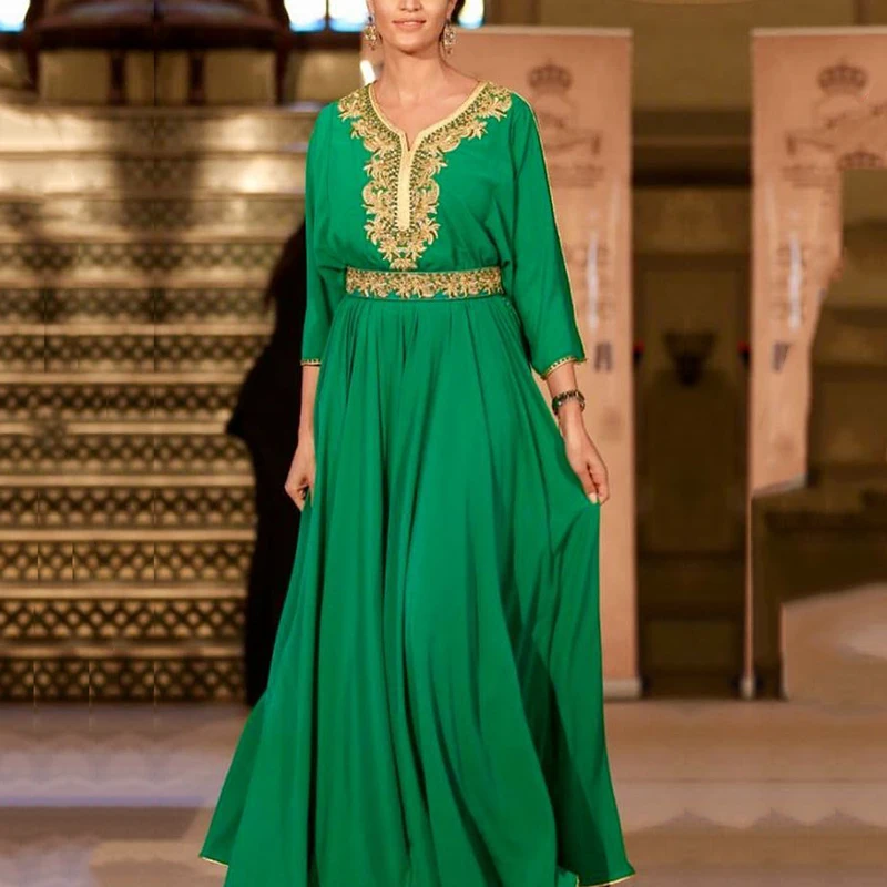

Eightale Arabic Evening Dresses Green Dubai Caftan Muslim Prom Gown Long Sleeves Gold Appliques Chiffon Kaftan Party Dress