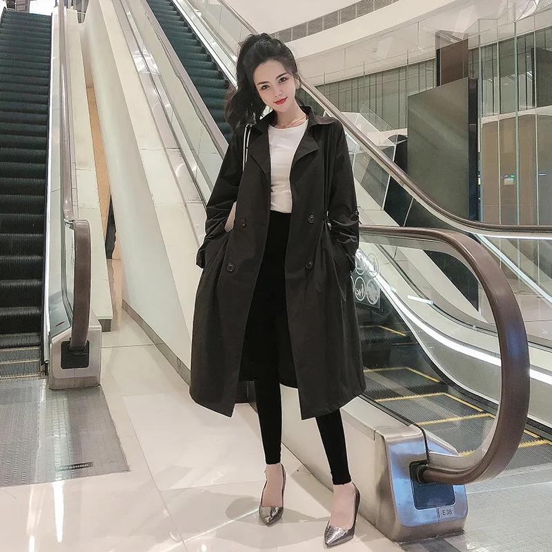 

2019 Autumn New Style Korean-style Slimming Loose-Fit Slimming Large Lapel Belt Waist Hugging Lace-up Trench Coat Middle Long Co
