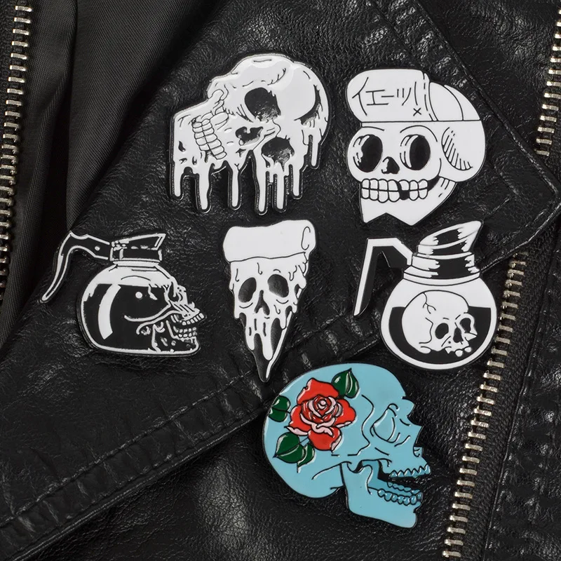

Punk Gothic Skeleton Enamel Pin Rose Skull Coffee Pot Pizza Badge Brooch for Women Lapel Pin Denim Jeans Shirt Bag Cool Jewelry