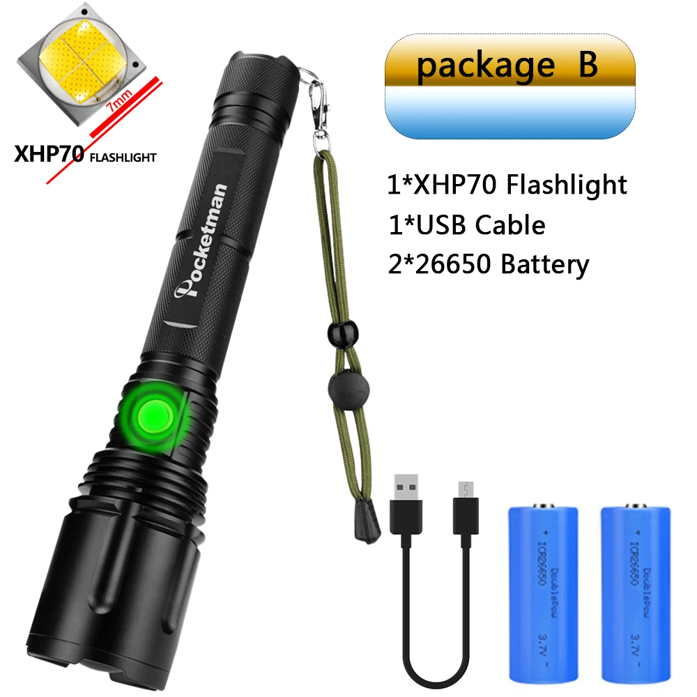 Package B Самый мощный светодиодный фонарь XHP70.2, перезаряжаемый фонарь XHP50, usb-фонарь с зумом, XHP70, Охотничья лампа, 26650, для рыбалки - Испускаемый цвет: Package B