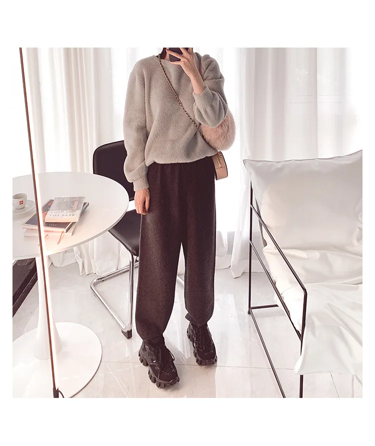 Women Summer Knit Trousers Women Black Harem Pants Ankle Length Pants Casual Trouser Elastic Waist Pants Korean Pants