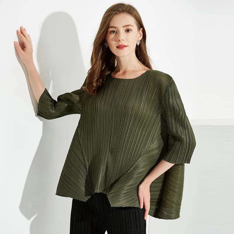 

Miyake Pleated Non-mainstream Design Simple Tops Women's Loose-Fit New Style Japanese-style Solid Color Joint Irregular T-shirt