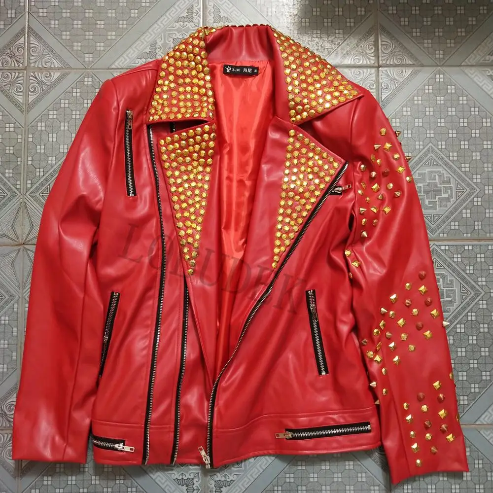 Куртка из искусственной кожи с заклепками на молнии для мужчин и певиц, пальто из лакированной кожи в стиле панк, пальто с мехом для мотоцикла, одежда для сцены для диджея