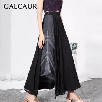 

GALCAUR Patchwork Mesh Female Skirt High Waist Asymmetric Ruched Large Size Midi Summer Skirts Women 2020 Fashion Clothes New