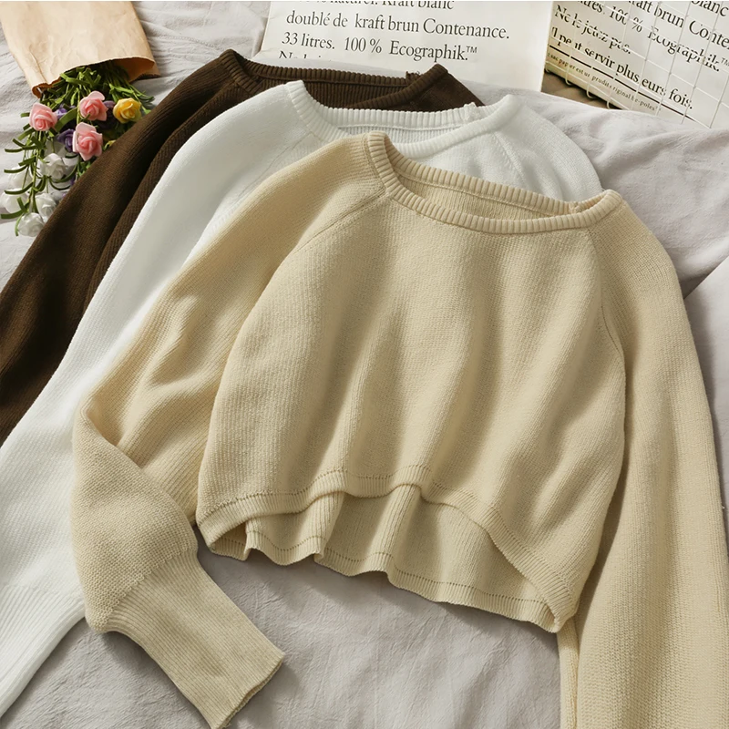 새로운 가을 여성 솔리드 스웨터 오-넥 느슨한 스웨터 풀오버 자르기 탑 스웨터 셔츠 Femme Knit Outwear Jumpers