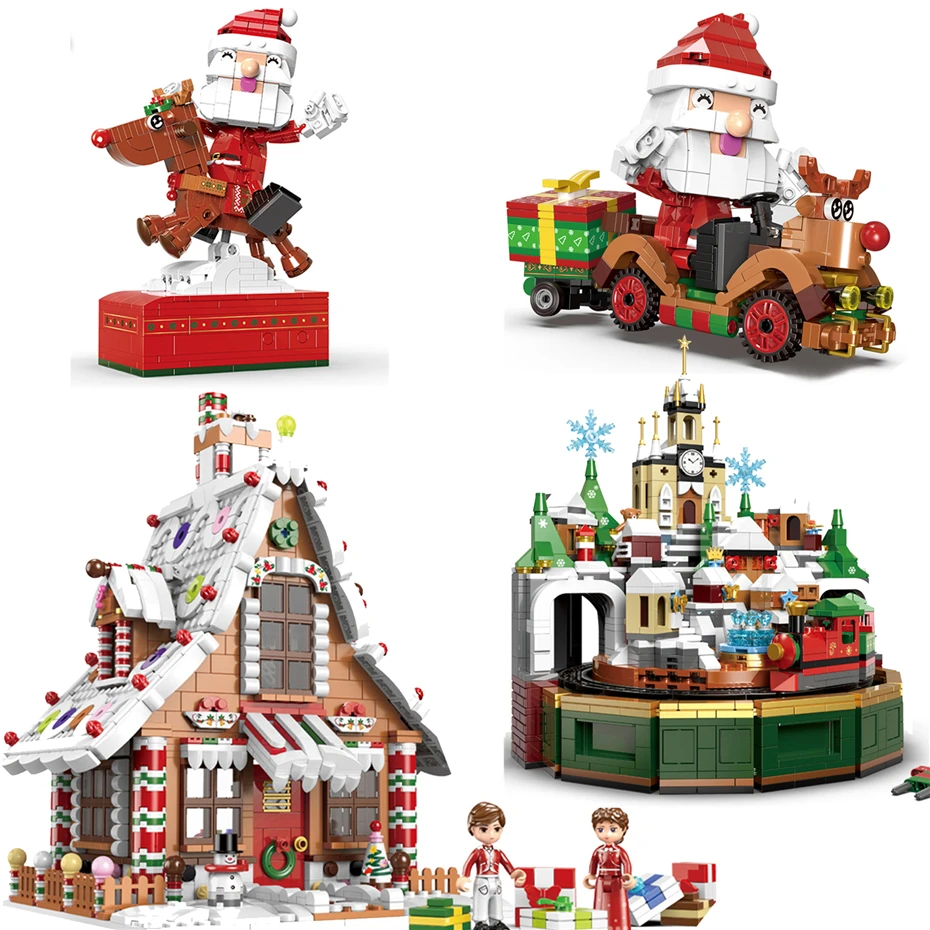 

Xingbao Christmas Building Toys Snow Reindeer And Castle Music Box Gingerbread House Santa Reindeer Cart Building Blocks Bricks