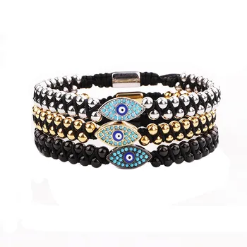 High Quality Women Men Bracelet Stainless Steel Beads Blue CZ Eye Charm Braided Macrame Beaded Friendship Bracelet Lucky Gift
