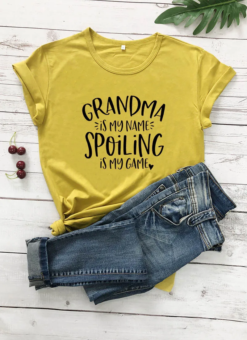 mustard-black text Grandma is my name Spoiling is my game, Новое поступление, забавная футболка из хлопка, новая рубашка для мамы, подарок для мамы, милые футболки для мамы - Цвет: mustard-black text