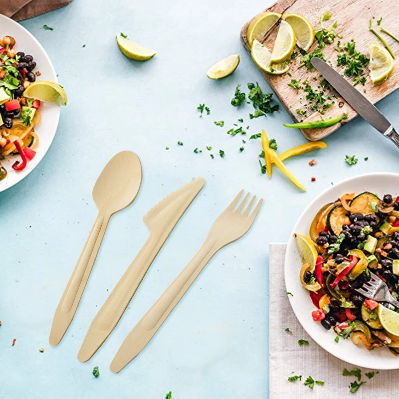 

100pcs/pack Bamboo Wooden Cutlery Biodegradable Knives Forks Spoons Disposable Dinnerware Set Kitchen Dining Bar Tableware