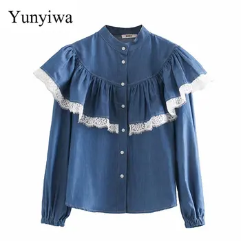 

2020 Women's New Long Sleeve Lace Denim Shirt Womens Blouse Vintage Party Shirts Tops Clothing Blusas Mujer