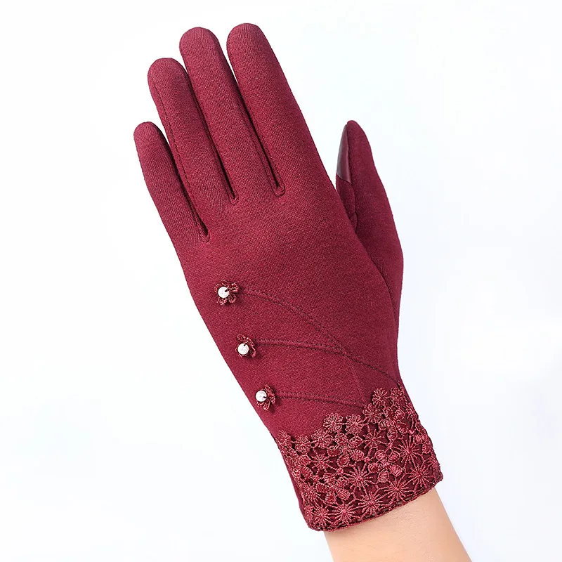 016D-red Женские модные теплые хлопковые перчатки для сенсорного экрана перчатки женские зимние перчатки Цветочные кружевные варежки с бантом - Цвет: 016D-red