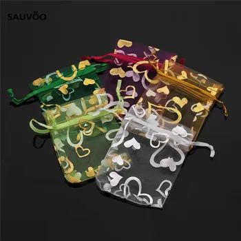 

Wholesale 25pcs Mixed Color Heart Jewelry Packaging Drawable Organza Bags 7x9cm 9X12cm Wedding Party Gift Bags & Pouches