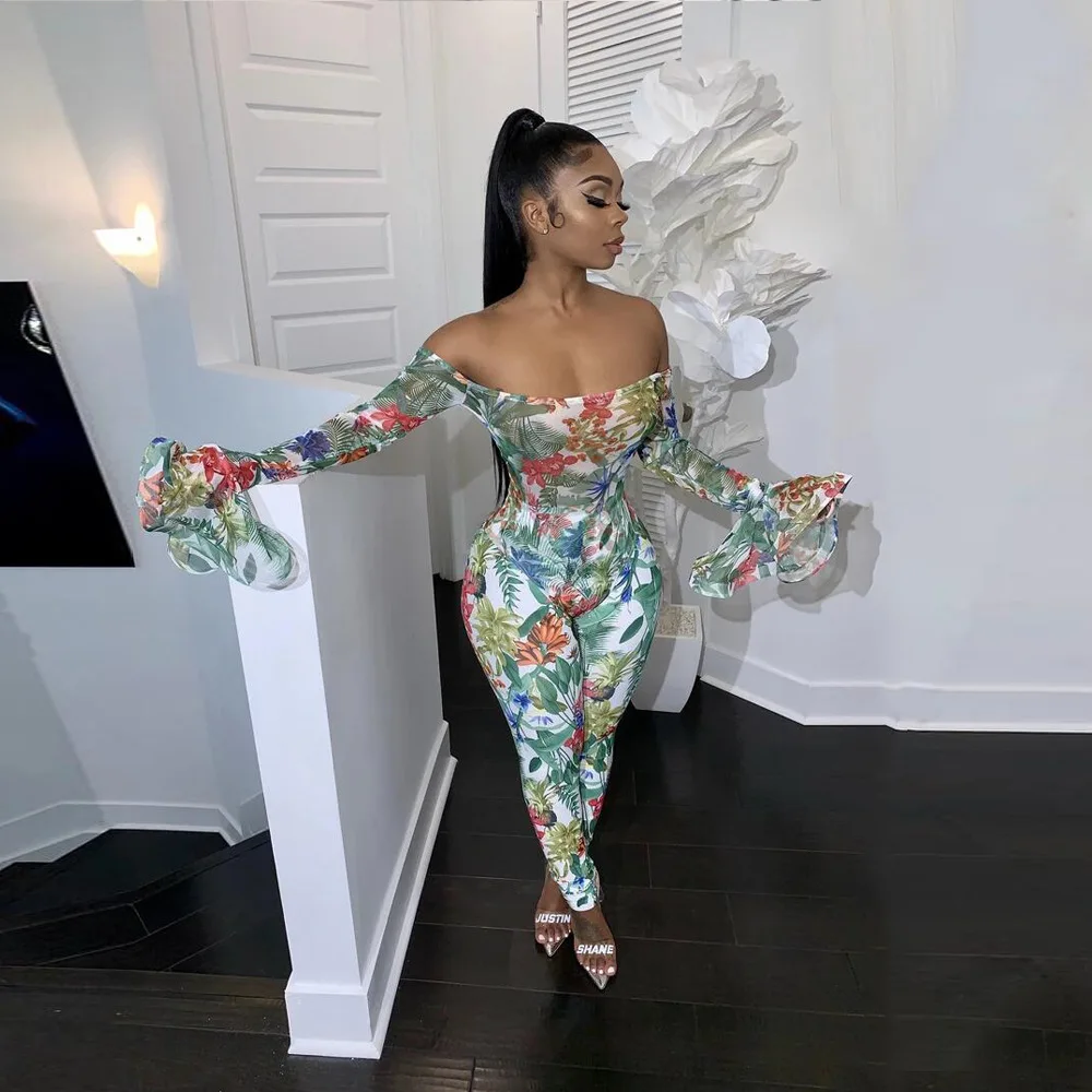 white jumpsuit Adogirl, цветочный принт, с открытыми плечами, длинный, с расклешенными рукавами, комбинезон для женщин, сексуальный, с вырезом лодочкой, Облегающий комбинезон, женская мода, повседневные Комбинезоны - Цвет: white jumpsuit