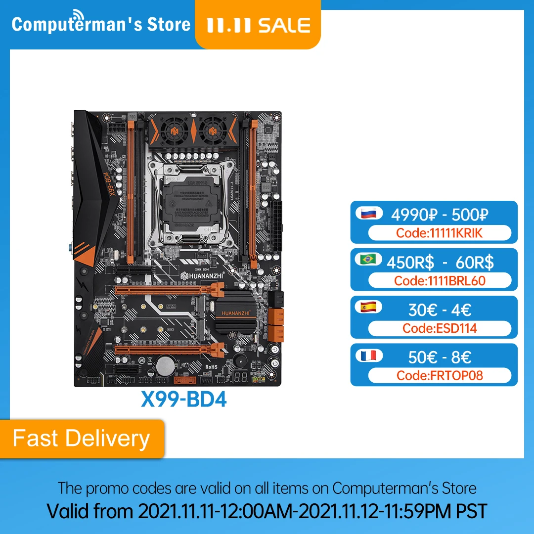 HUANANZHI X99 BD4 X99 Motherboard Intel XEON E5 LGA2011-3 All Series DDR4 RECC Non-ECC Memory supports NVME NGFF Workstation