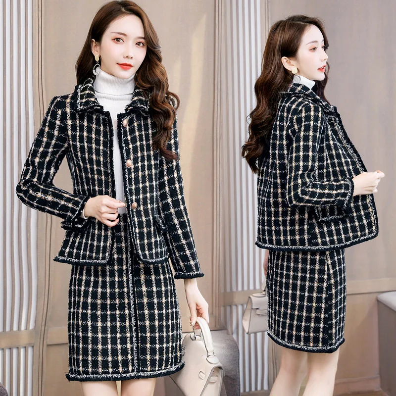 

Woolen Dress Women's Two-Piece 2019 Autumn And Winter New Style Korean-style Fashion Slimming Plaid Graceful Dress Outfit Fashio
