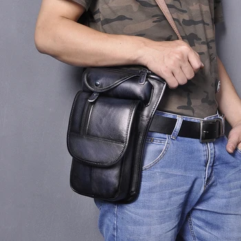 

Quality Leather Men Design Casual Messenger Tablets Sling Bag Multifunction Fashion Travel Waist Belt Pack Leg Bag Male 3112