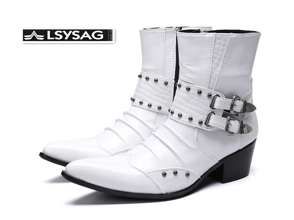 

Fashion White Genuine Leather Men Boots Buckle Rivets Men Ankle Boots Plus Size Pointed Toe Cowboy Boots Male