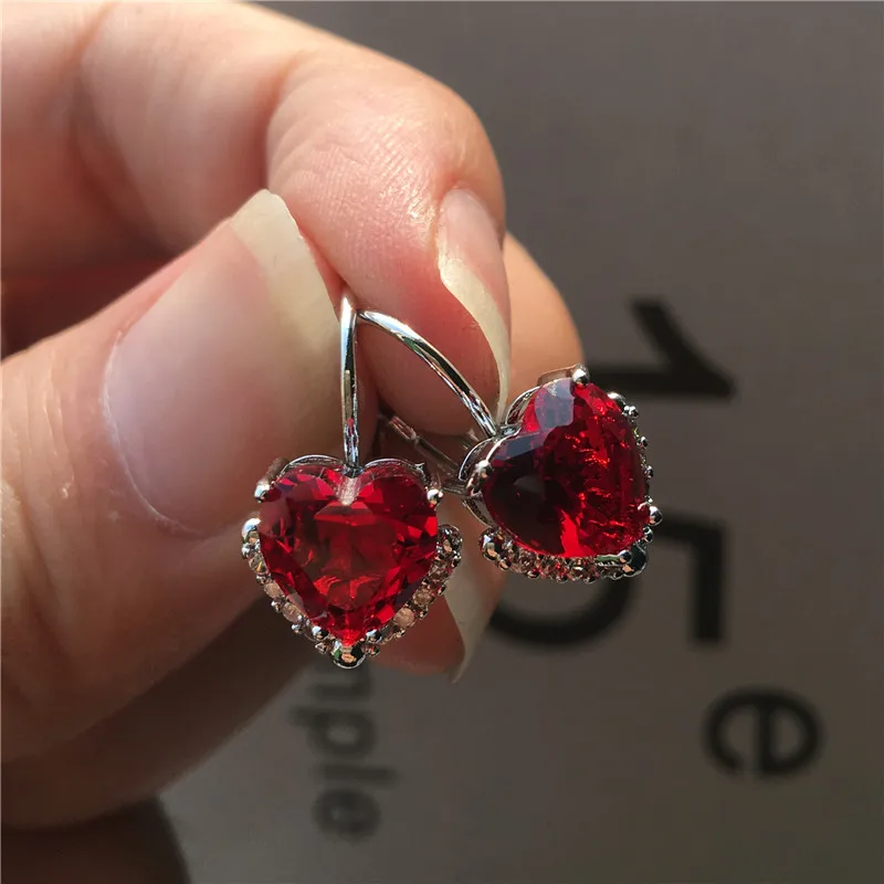Silver Red Милые женские маленькие серьги в форме сердца, 925 пробы серебряные серьги-клипсы для женщин, Кристальные белые зеленые желтые фиолетовые серьги - Окраска металла: Silver Red