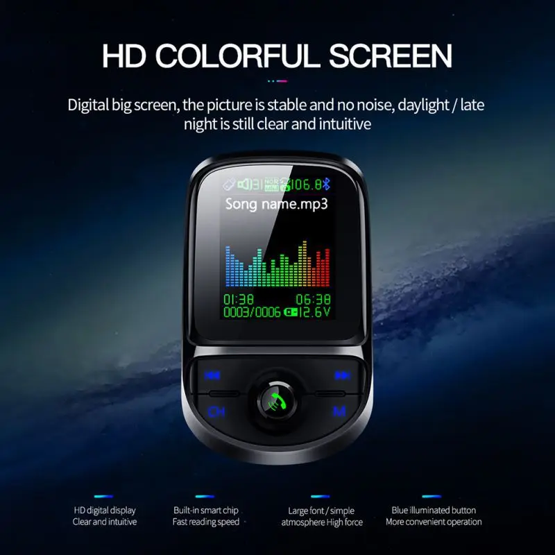 Автомобильное зарядное устройство QC3.0 с двумя USB, fm-передатчик, цветной экран, Bluetooth 5,0, беспроводной модулятор, Mp3 плеер, голосовая передача