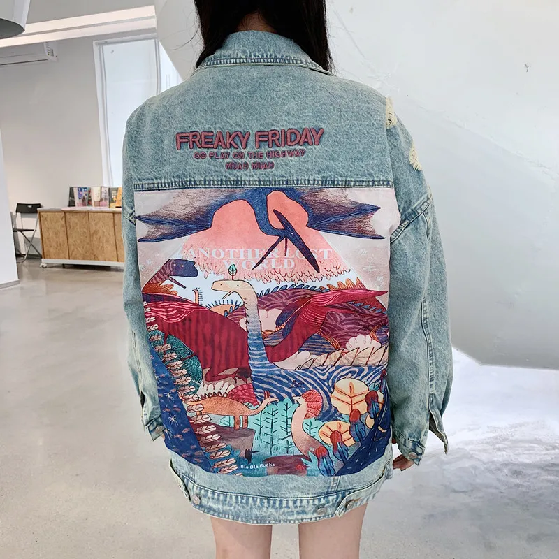 2019 Women BF Graffiti denim jacket boyfriend spring Denim jeans jacket coat