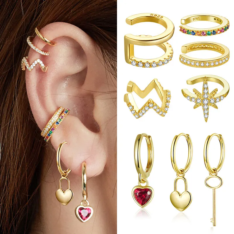 Ear Charms 3 Puffy Hearts and CZ Long Wave Ear Cuff Earring Wrap Single Left in Gold Over Sterling Silver 