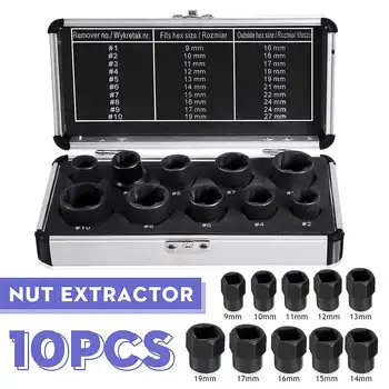 

10pcs 9-19mm High Bolt Nut Remover Damaged Nut Screw Extractor Locking Socket Threading Tool with box
