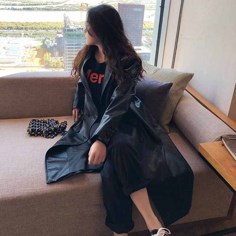 [EAM] Women Black Pu Leather Split Long Trench New