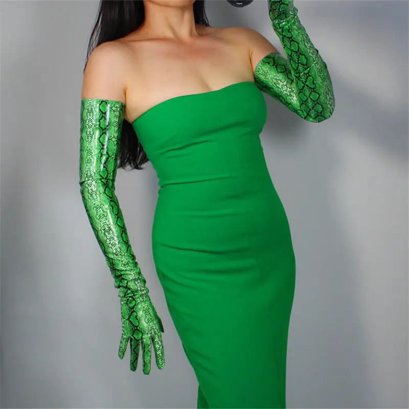 70cm green Короткие перчатки из змеиной кожи, 21 см, лакированная кожа, искусственная кожа, яркая кожа, животное, питон, зеленый Змеиный узор, женские, PU105 - Цвет: 70cm green