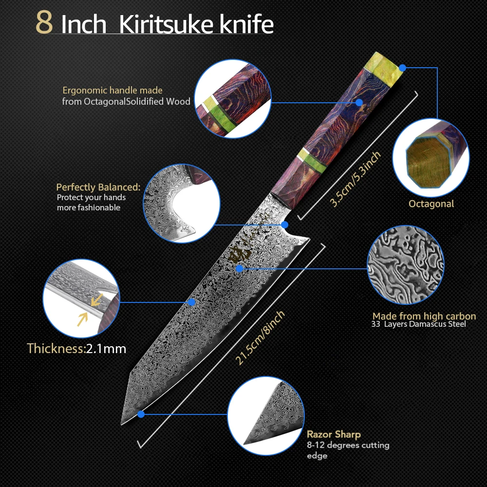 Kiritsuke Chef's Knife 8 Inch Damascus Japanese VG10 Super Steel 67 La –