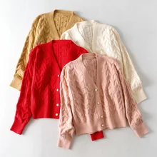 

Zoulv Women's 2020 Autumn and Winter New Style V-neck Pearl Buckle Twist Long-sleeved Cardigan Sweater Women