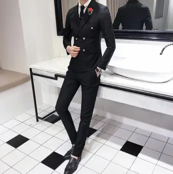 

Slim Fit Solid Color Men's Dresses Suits 2020 Fashion Double Breasted Two 2 Pieces Groom Wedding Tuxedos Suit Prom Blazers