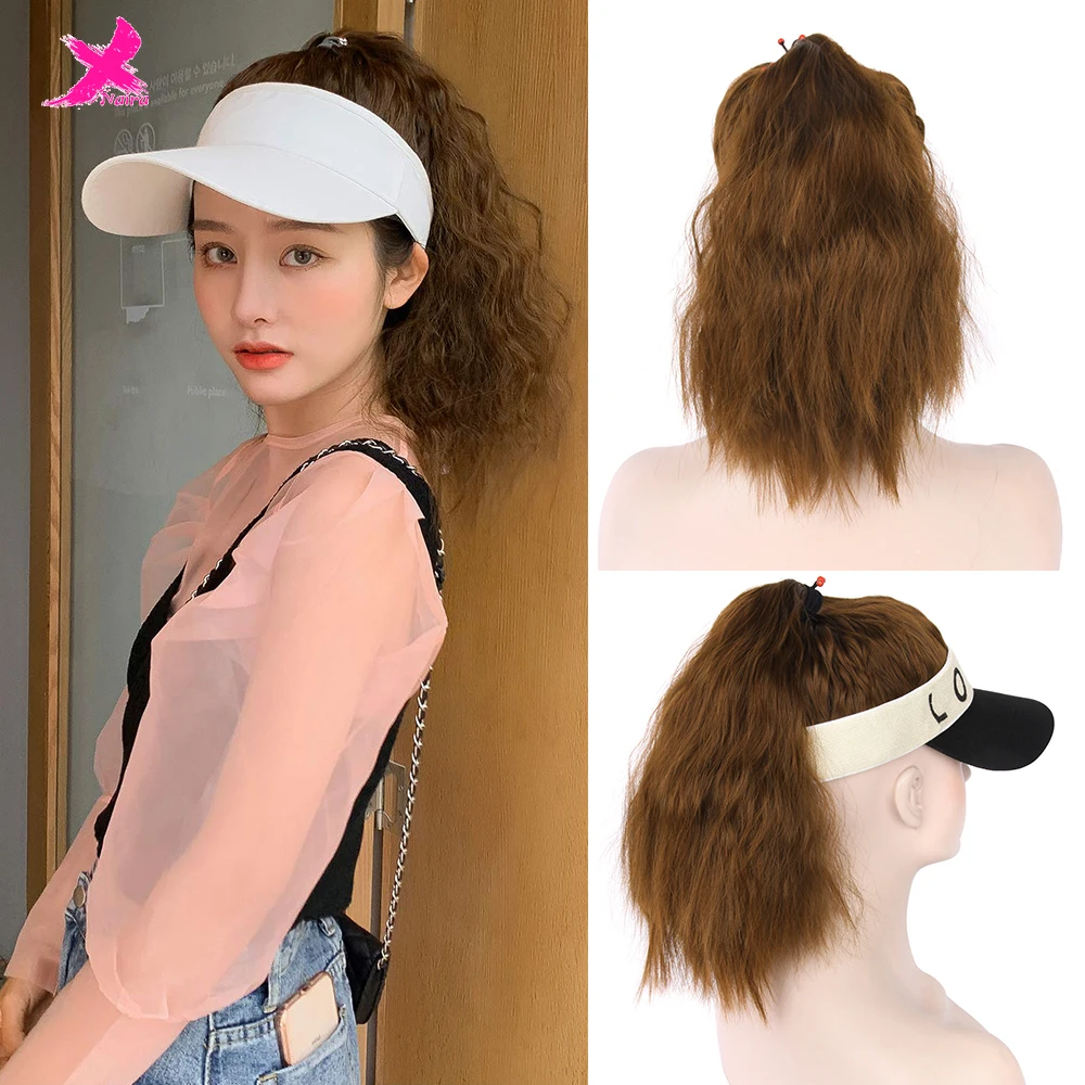 

Xnaira Short Wavy Hair Wig Hat Synthetic Baseball Cap Hair Wig Black Curly Wig Synthetic High Temperature Hat Wig For Women