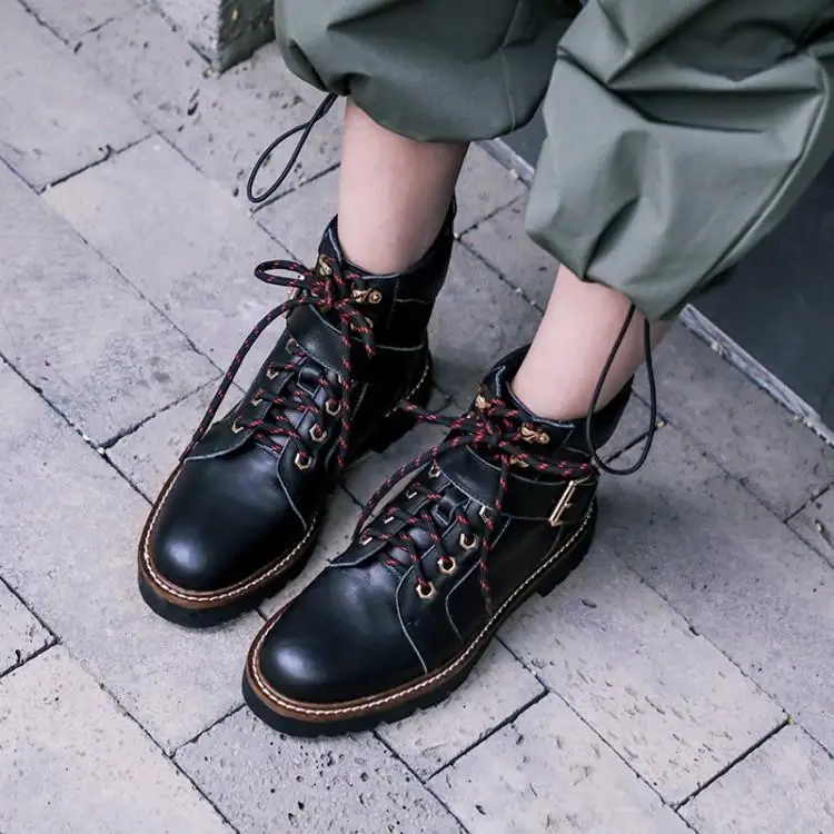 

Black Leather Marin Boots Women Round Toe Non-slip Rubber Heels Zapatos De Mujer Cross Tied Womens Shoes Metal Buckle High Top