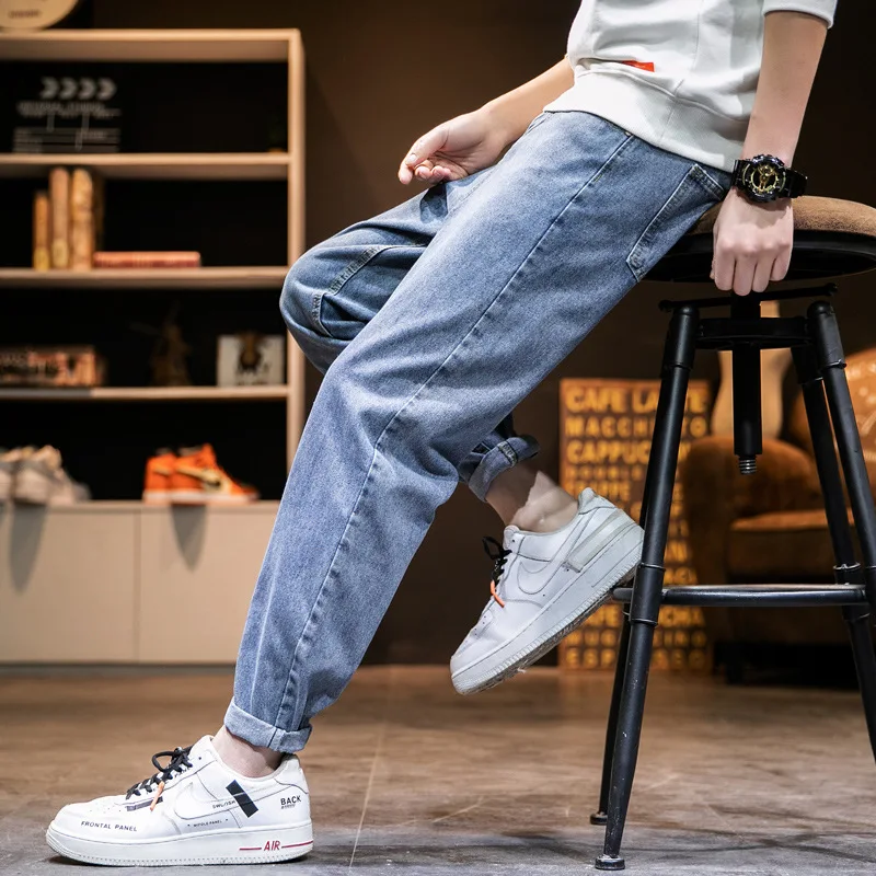 

Men Jeans trendy loose casual summer straight nine-point pants boys retro fashion style men's trousers