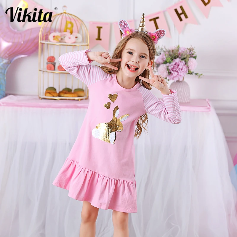 VIKITA Girls Striped Dress Children Autumn Winter Long Sleeve Dresses Kids Patchwork Ruffle Vestidos Girl Rabbit Butterfly | Детская