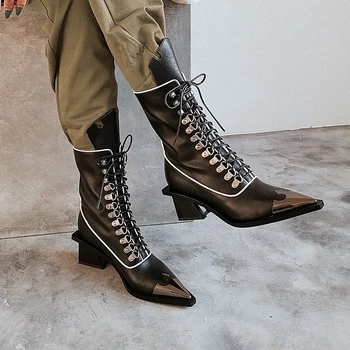 

Brand Unique Genuine Leather Mid Calf Boots Winter Lace Up Pointed Toe Black Boots Woman Shoes