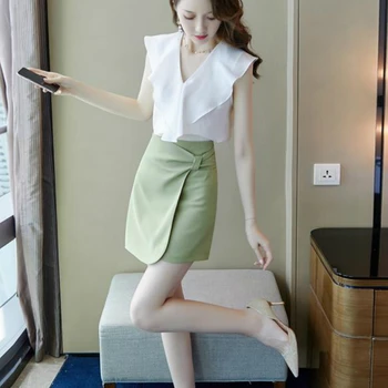 

2 Piece Women Summer Set Shirt Top Green Mini Skirt Female Office Outfit