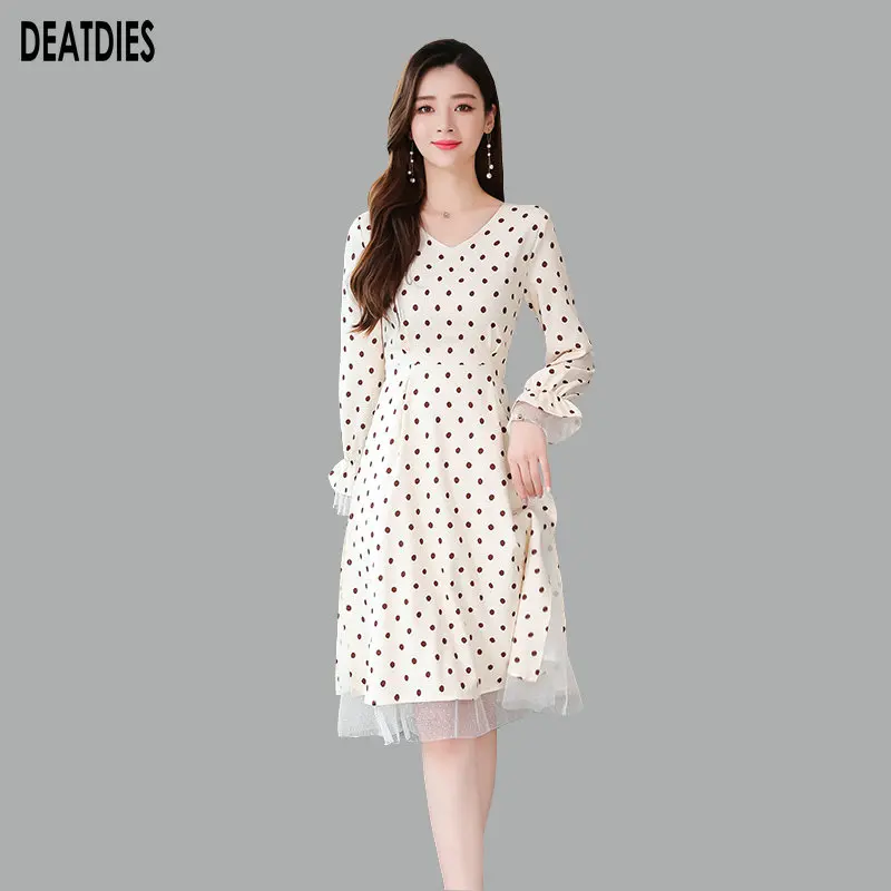 

2019 Apricot Dot Petal Sleeve Casul Dress Women V-Neck A-line Elegant Sashes Autumn Winter Vintage Office Lady Dresses Vestidos