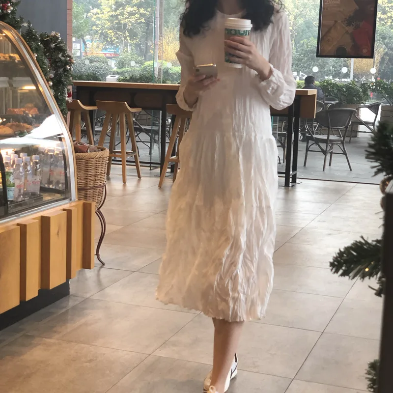 

Spring New Style Korean-style White Pleated Long Sleeve Mid-length Long Skirts Big Hemline Fairy Skirt