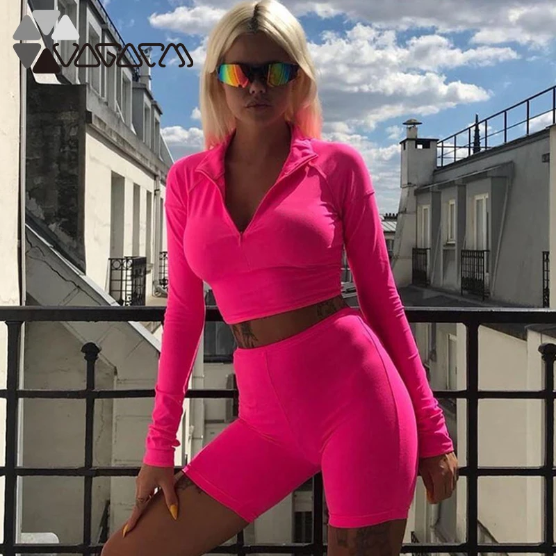 

2 Piece Set Women Fashion Sport Long Sleeve Crop Top Short Leggings Lapel Zipper Workout Sportsuit Gym Fitness Y2K