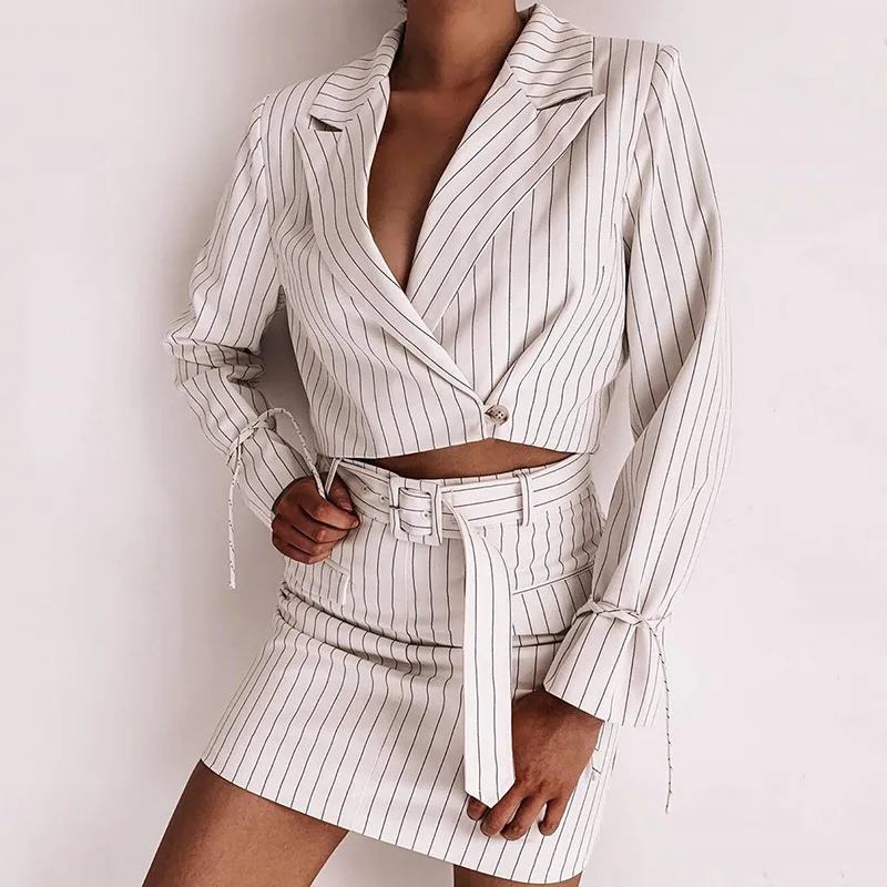 

2019 2 Set Piece Skirt and Suit Women's Striped Suit + Skirt New Fashion Temperament Long-sleeved Lapel Two-piece Office Clothes