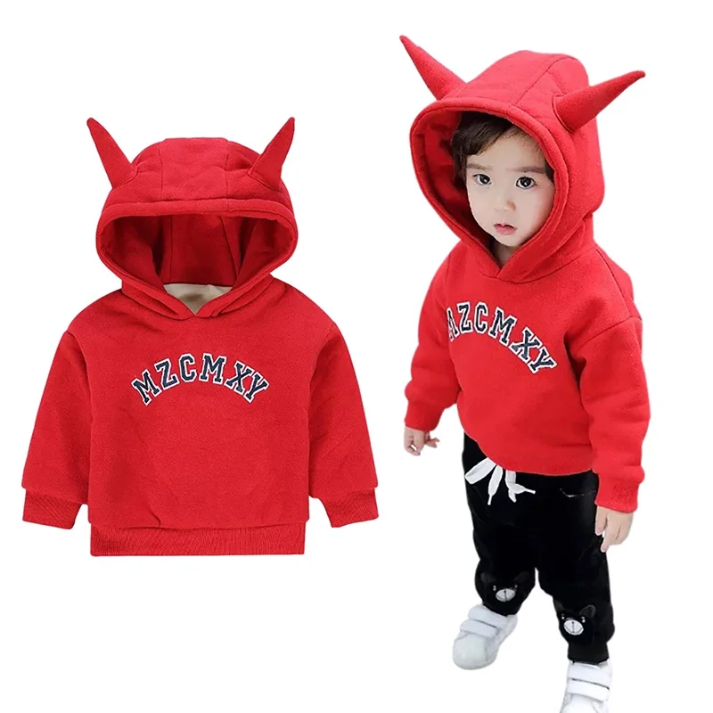 Spring 100 Cotton Children's Hoodies Fashion Children's Letters Horns