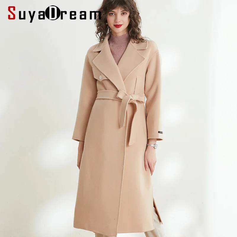 

SuyaDream Belted Women Handmade Long Wool Coat 100%Wool Solid Double Sided Wool Blend 2019 Winter
