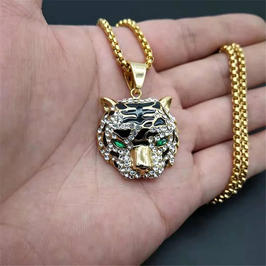 

Hip Hop Ice Out Gold Color Titanium Stainless Steel CZ Zircon Tiger Head Pendants Necklaces for Men Cool Jewelry Dropshipping