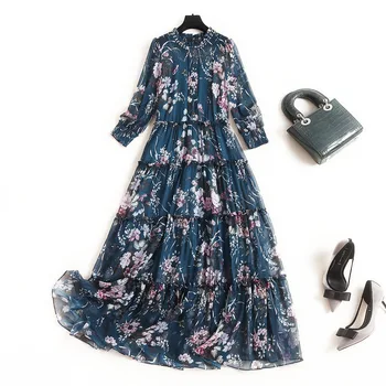 

Bohemian Chiffon Maxi Dress Print A-Line Three Quarter Sleeeve Ankle-Length O-Neck 2020 women clothes summer clothes