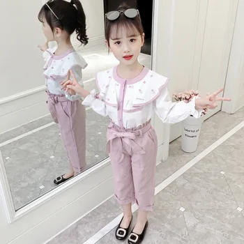 

Girls' Westernized Suit Fall Suit 2019 New Kids' Embroidered Shirt Lotus Leaf Edge Doll Shirt Girls Set