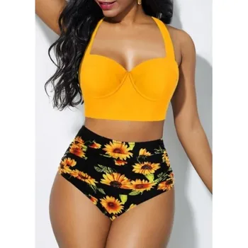 

Women Sunflower Print Bikinis Suit Summer Sexy Floral Print Backless Swimsuit High Waist Two-Piece Suits Halter Neck Swimwear