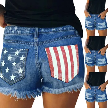 

Fashion woman jeans mujer Mid waist Denim Shorts Blue Hole Ripped Printed Patch Pocket Shorts Hot Pants брюки женские джинсы