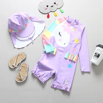 

2019 Girls Swimsuit Purple Unicorn Children's Swimwear with Hat One Piece 2-8 Years Girls Swimming Suits Bathing Suit