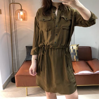 

Coffee Color Pullover Lapel Double Pocket Long Sleeve Dress